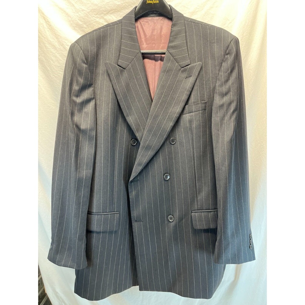 Andrew Fezza Mens Striped Double Breasted Blazer Size 44L‎ Black